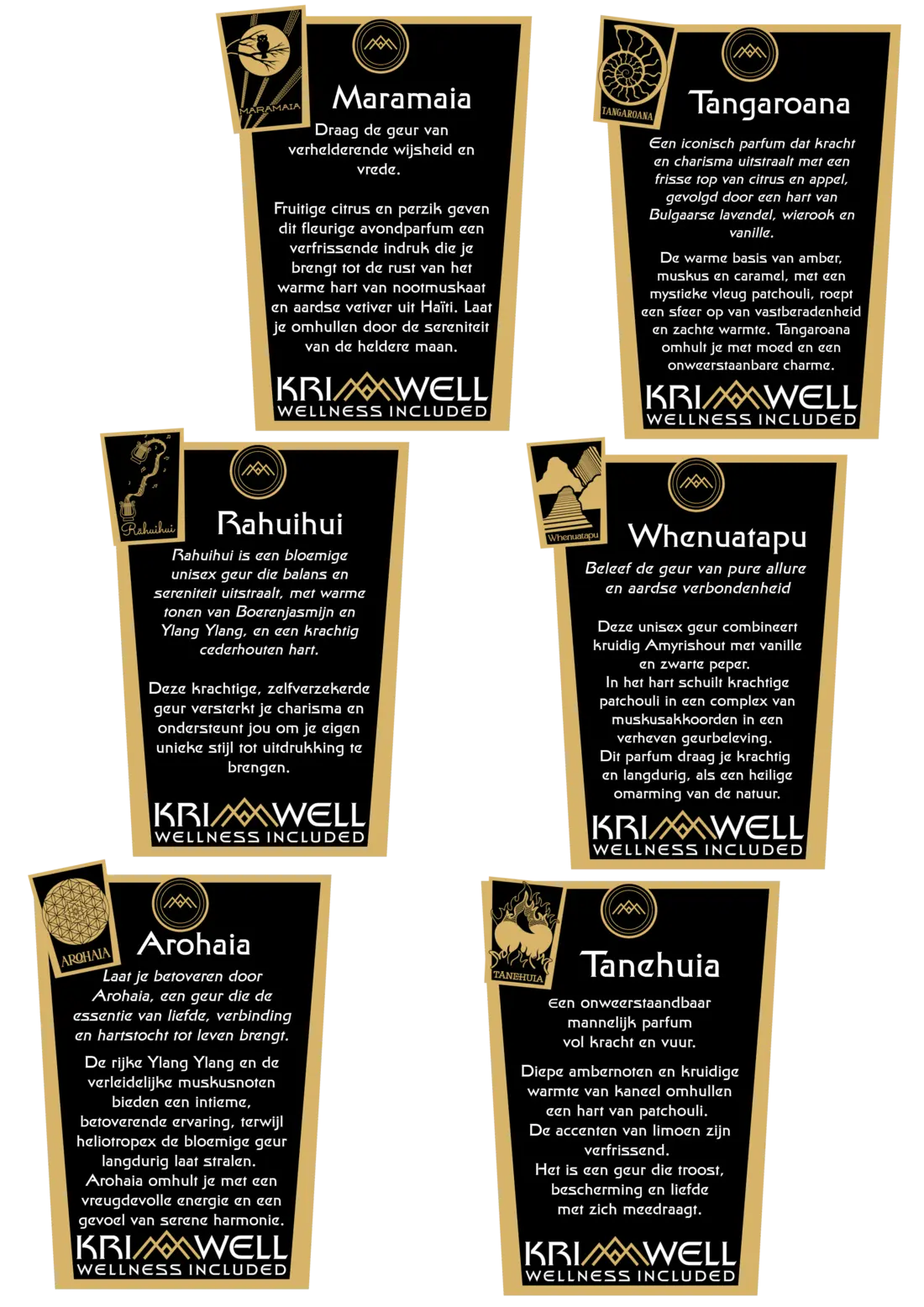 De informatiekaartjes van Krimwell, zwart met goud, met per geur de naam, het embleem en de beschrijving